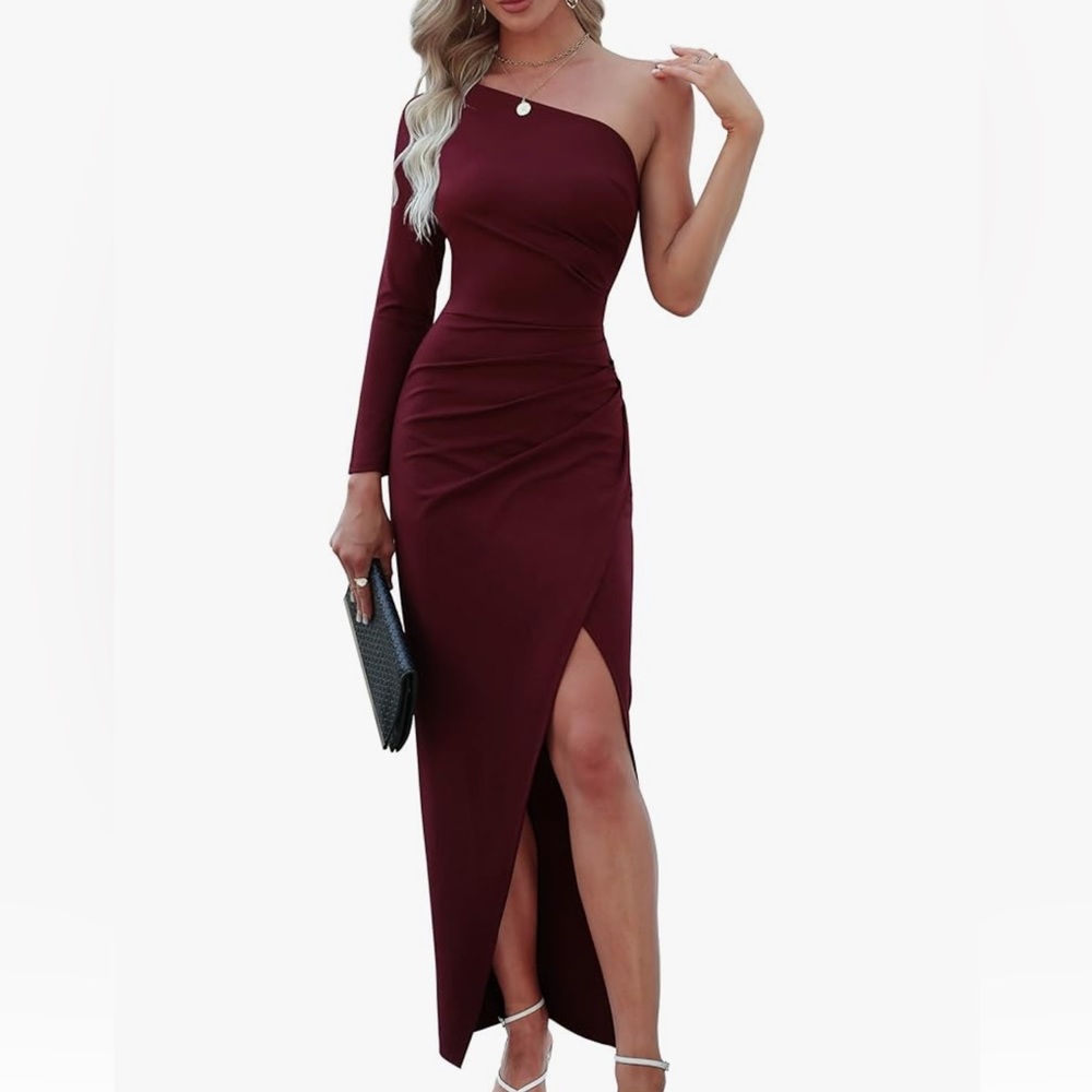 Sarin Mathews Burgundy Maxi Dress Asymmetrical Slit Formal Gown NWT Small
